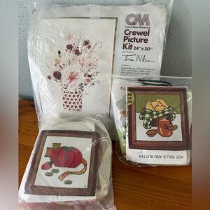 Unfinished Crewel Embroidery Kit Bundle of 3. Floral Fall Kitchen 70’s Fiber Art